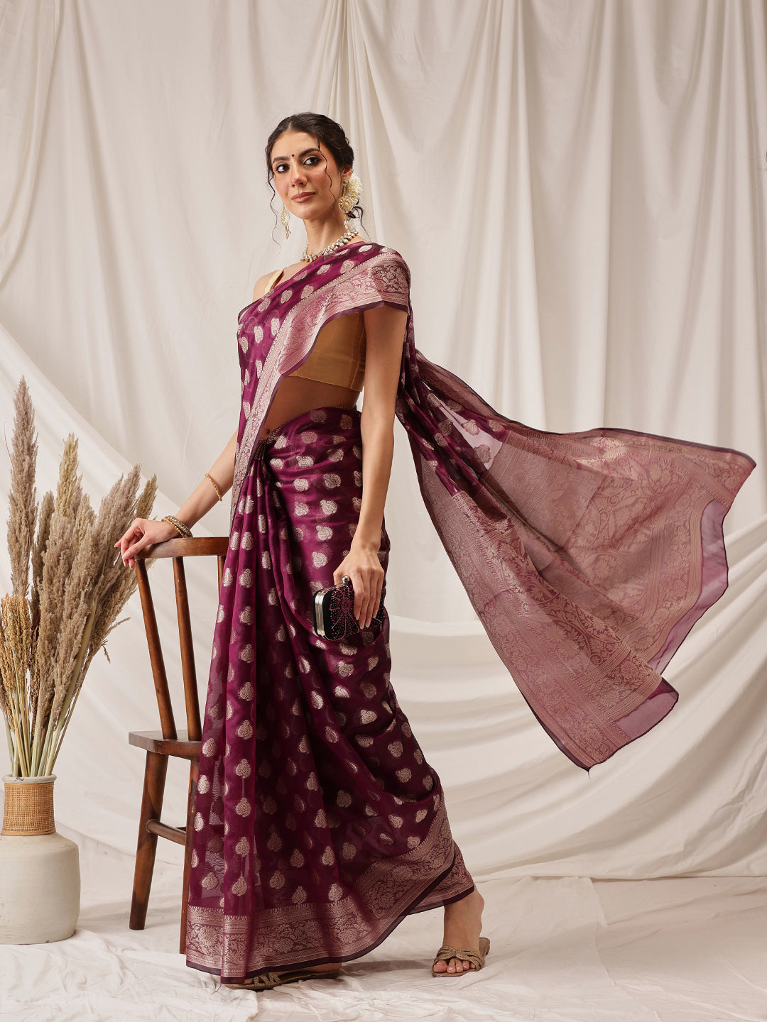 Banarasi Organza Soft Silk Wine Saree With Small Floral Border