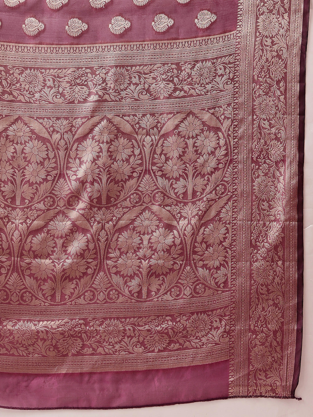 Banarasi Organza Soft Silk Wine Saree With Small Floral Border