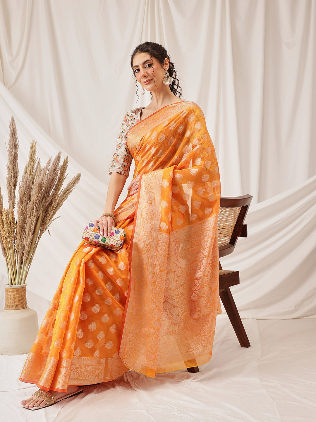 Banarasi Organza Soft Silk Yellow Saree With Small Floral Border
