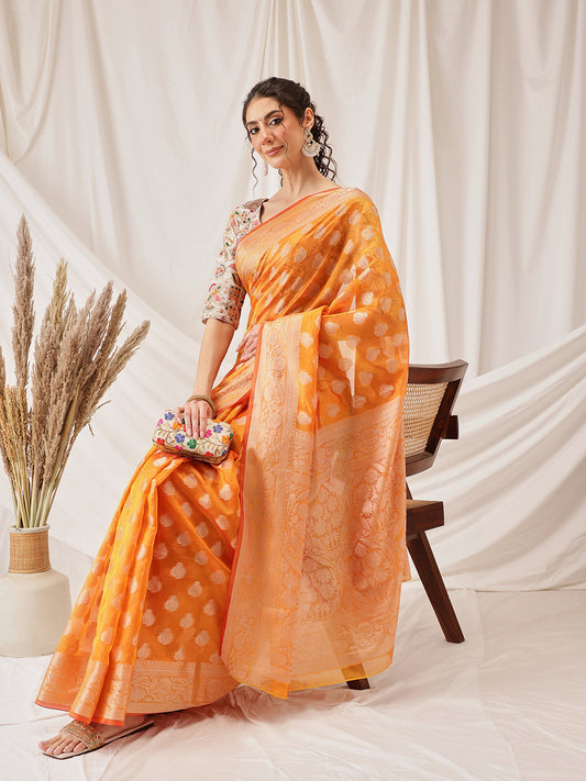 Banarasi Organza Soft Silk Yellow Saree With Small Floral Border