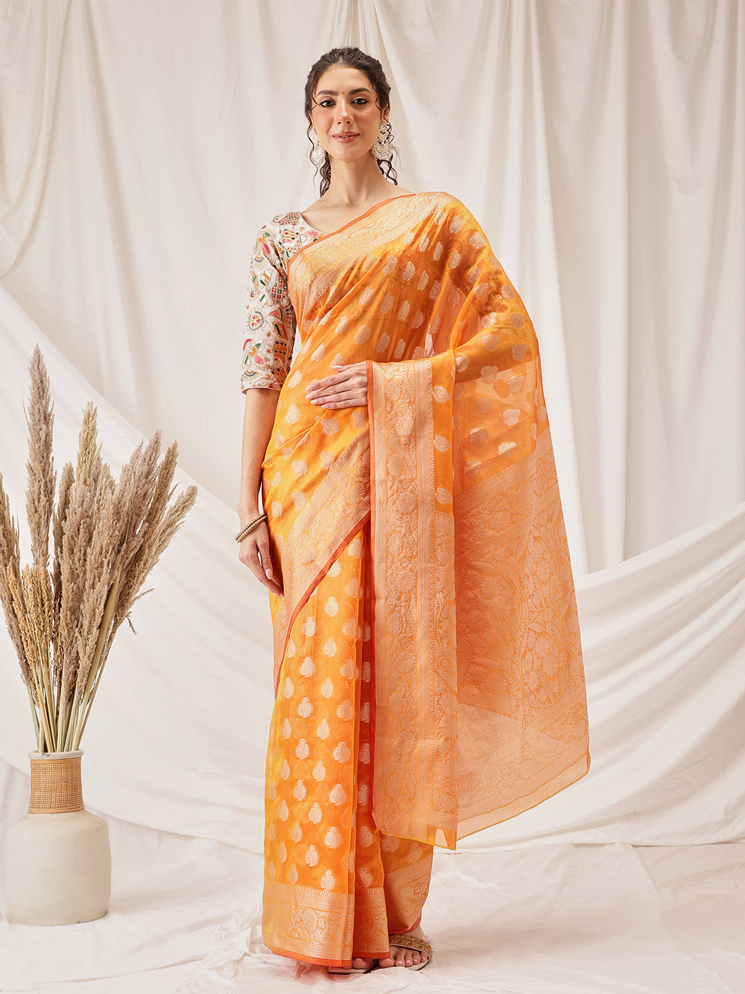 Banarasi Organza Soft Silk Yellow Saree With Small Floral Border