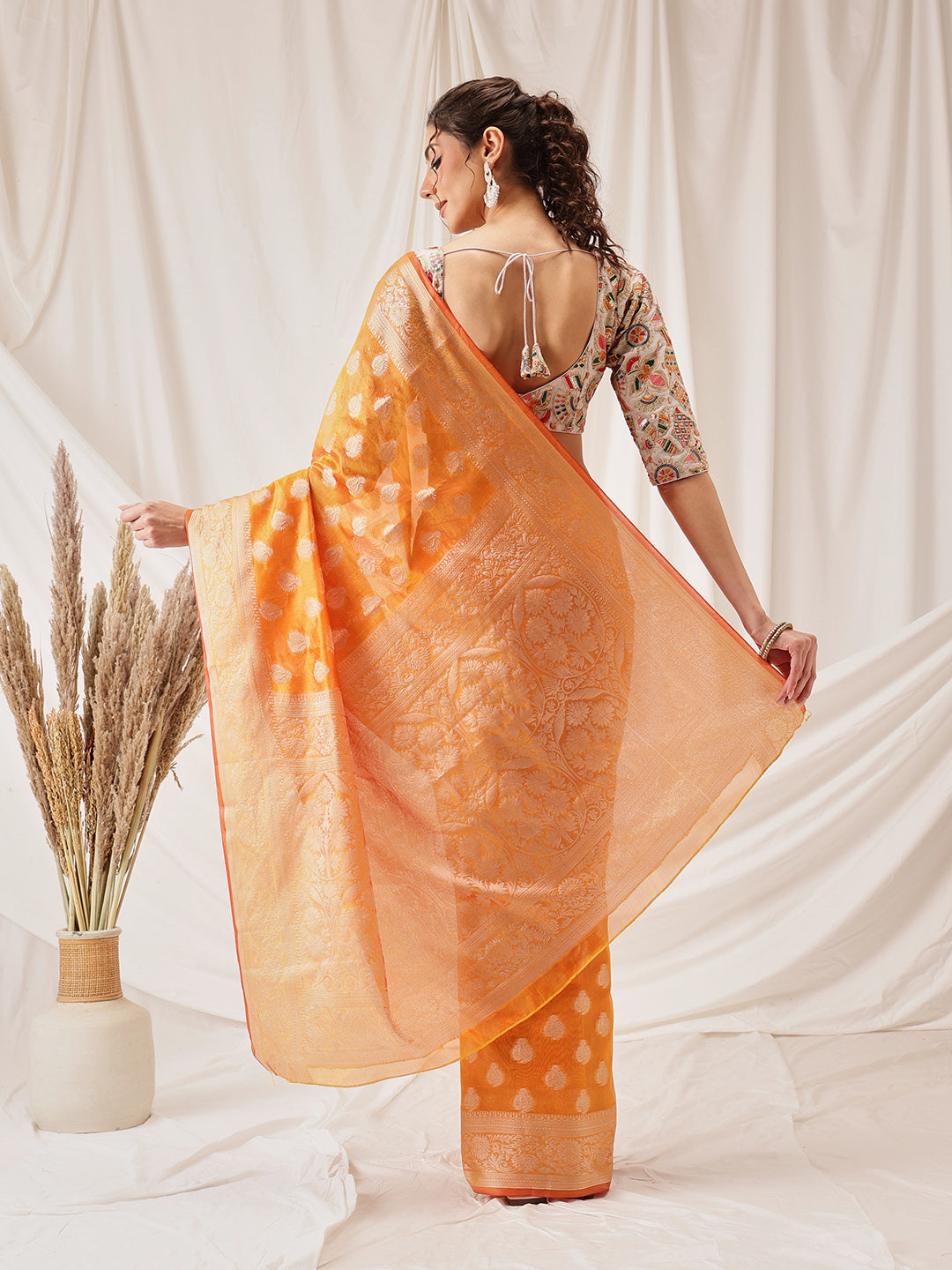 Banarasi Organza Soft Silk Yellow Saree With Small Floral Border