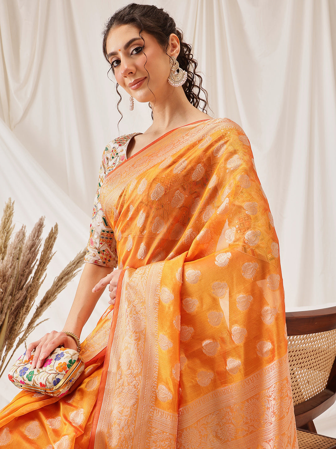 Banarasi Organza Soft Silk Yellow Saree With Small Floral Border