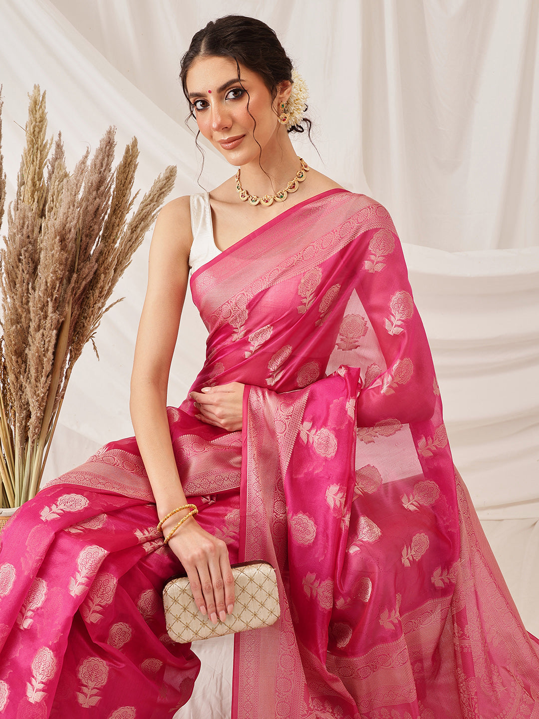 Floral Banarasi Organza Soft Silk Pink Saree