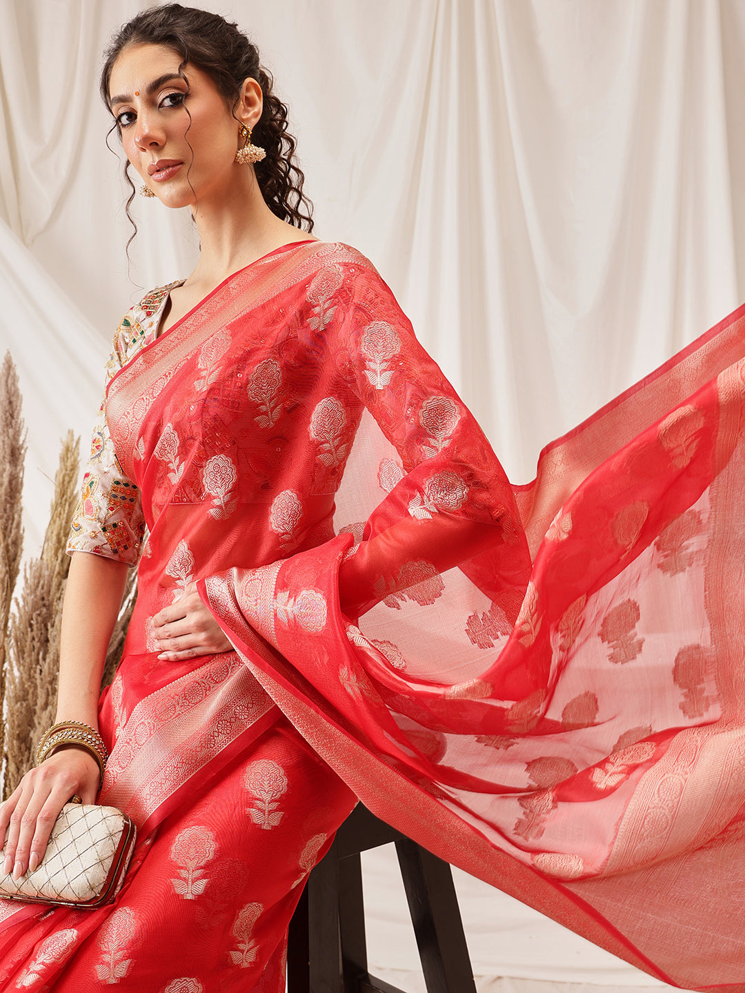 Floral Banarasi Organza Soft Silk Red Saree