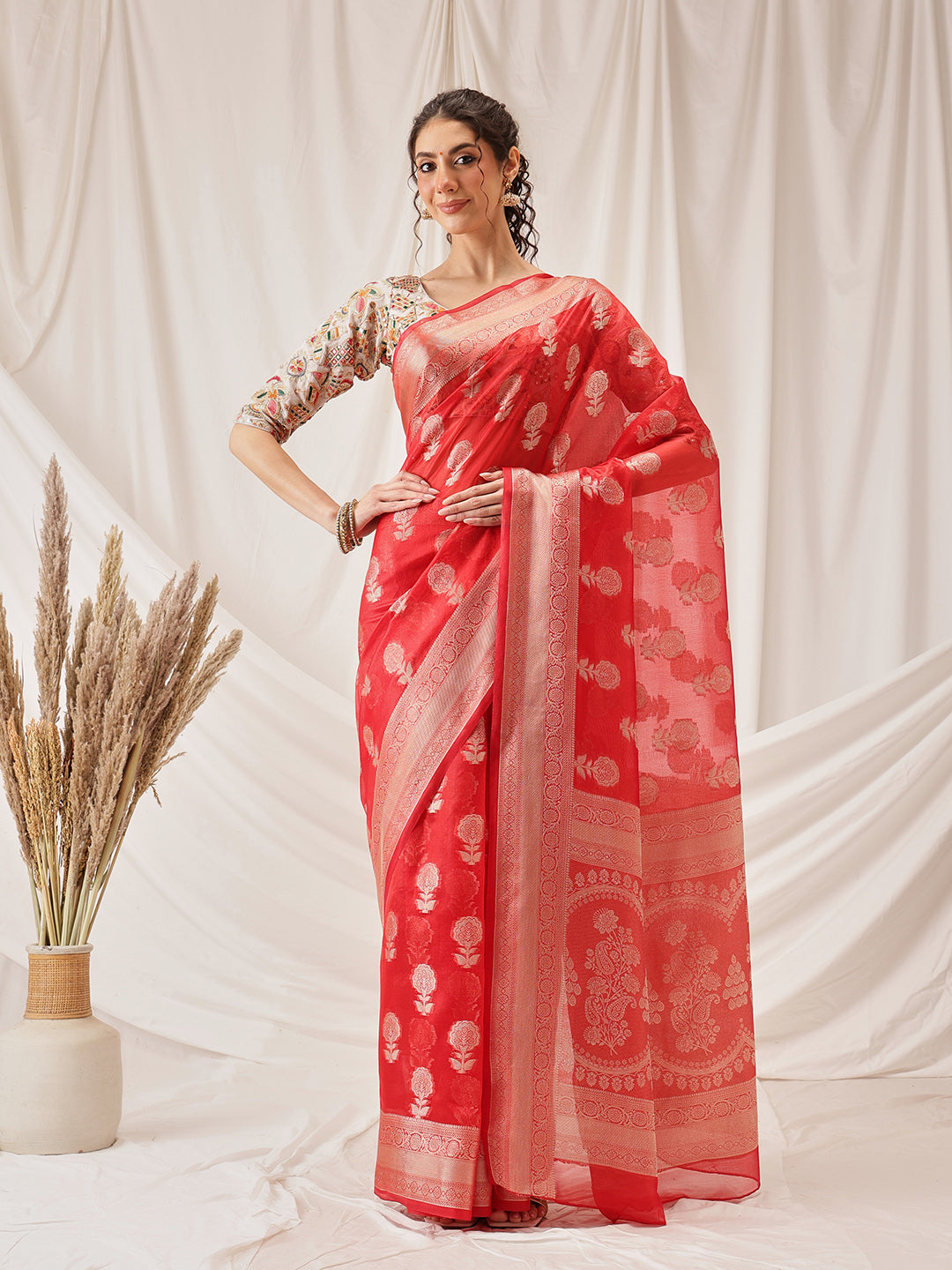 Floral Banarasi Organza Soft Silk Red Saree