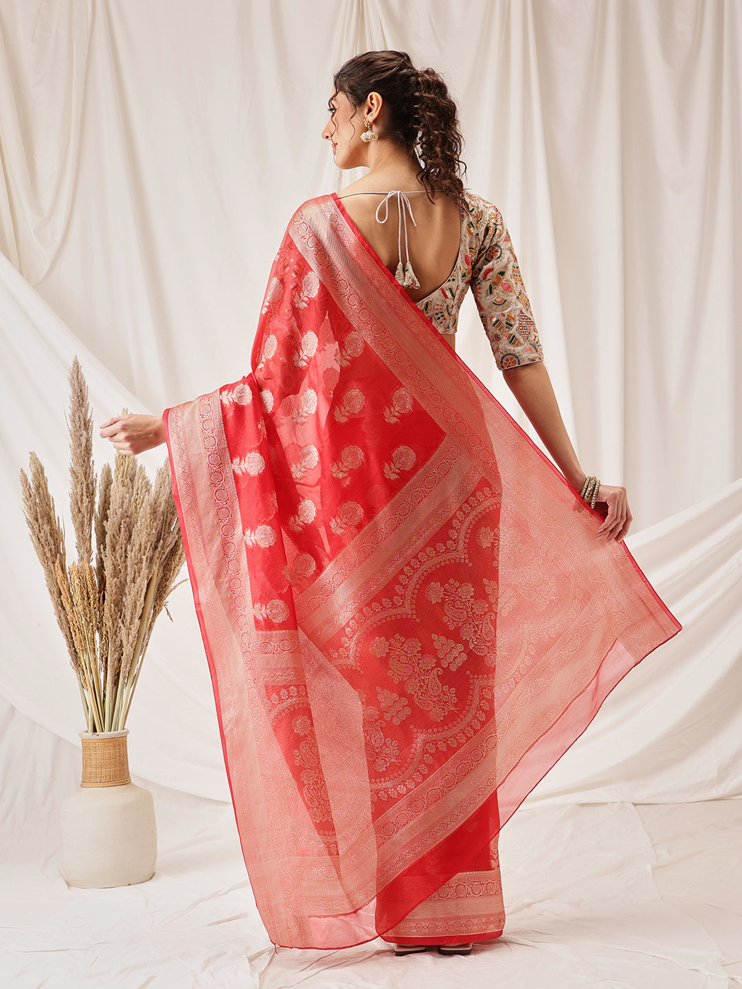 Floral Banarasi Organza Soft Silk Red Saree