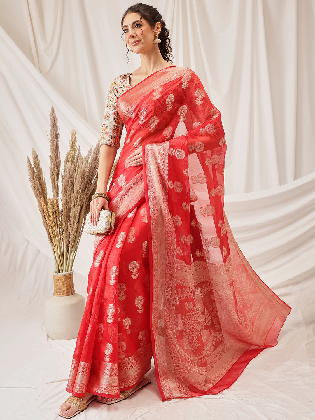 Floral Banarasi Organza Soft Silk Red Saree