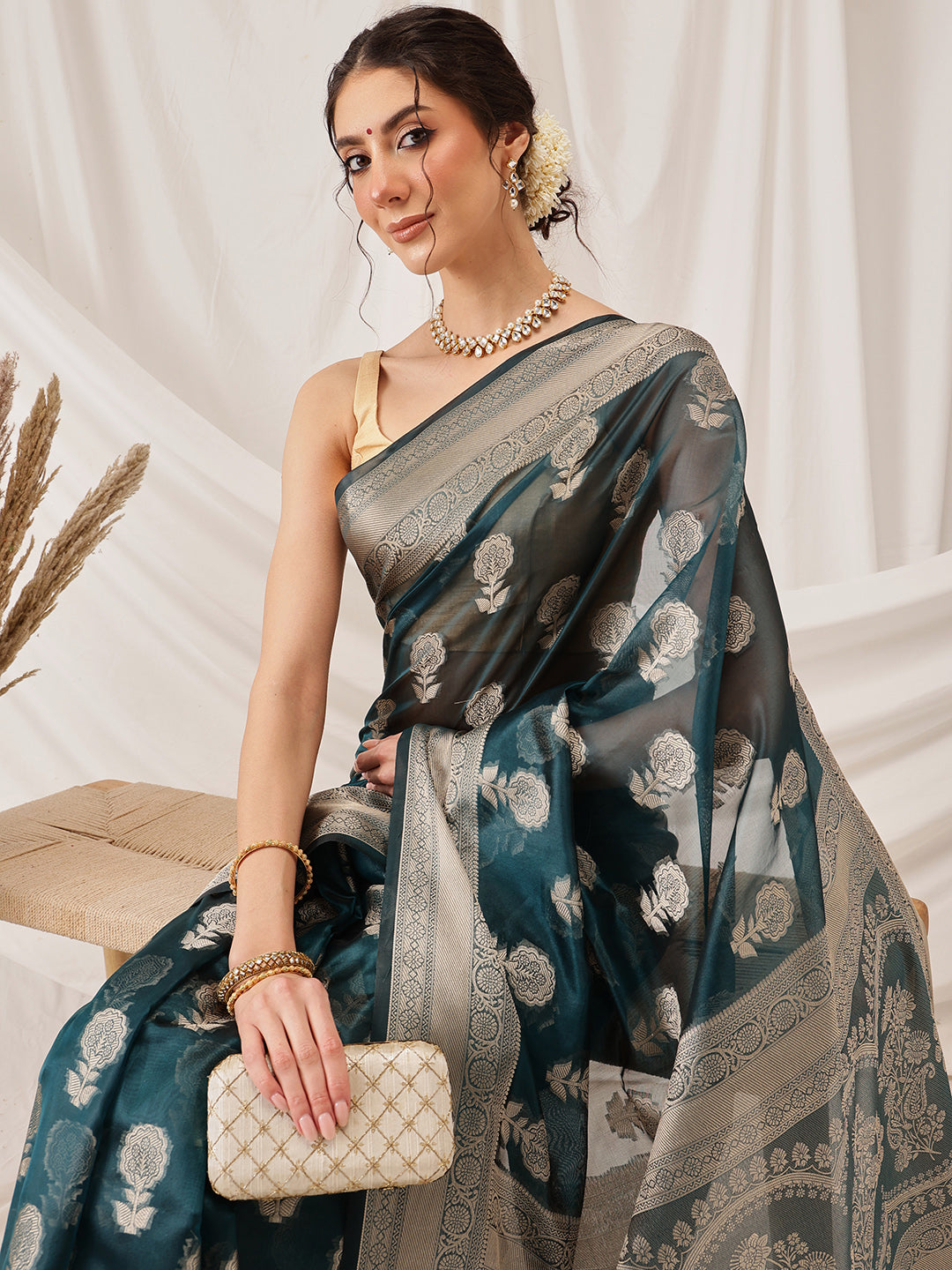 Floral Banarasi Organza Soft Silk Teal Saree