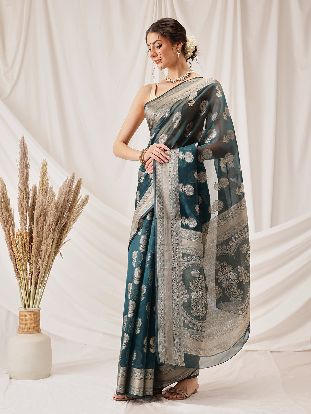 Floral Banarasi Organza Soft Silk Teal Saree