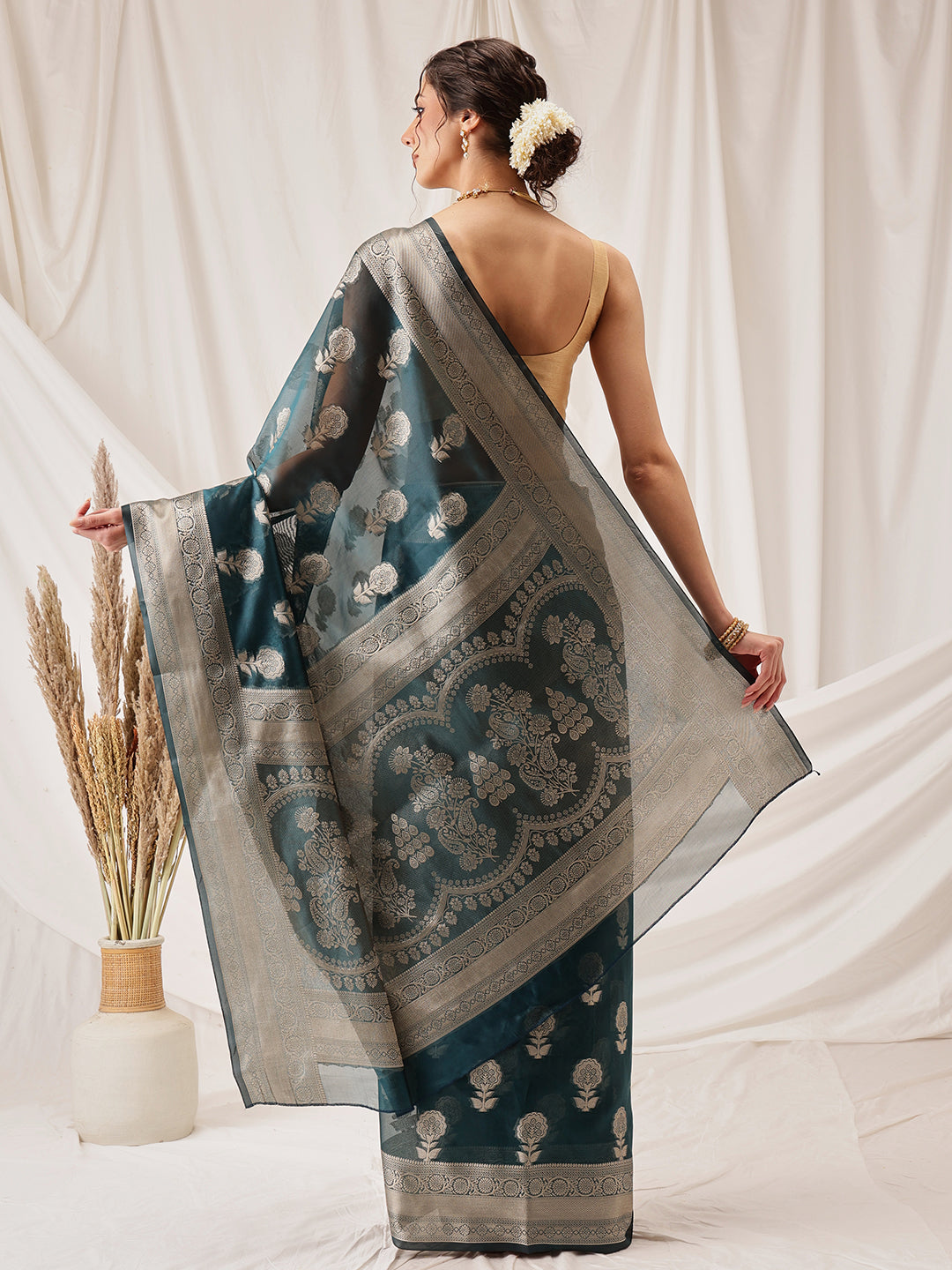 Floral Banarasi Organza Soft Silk Teal Saree