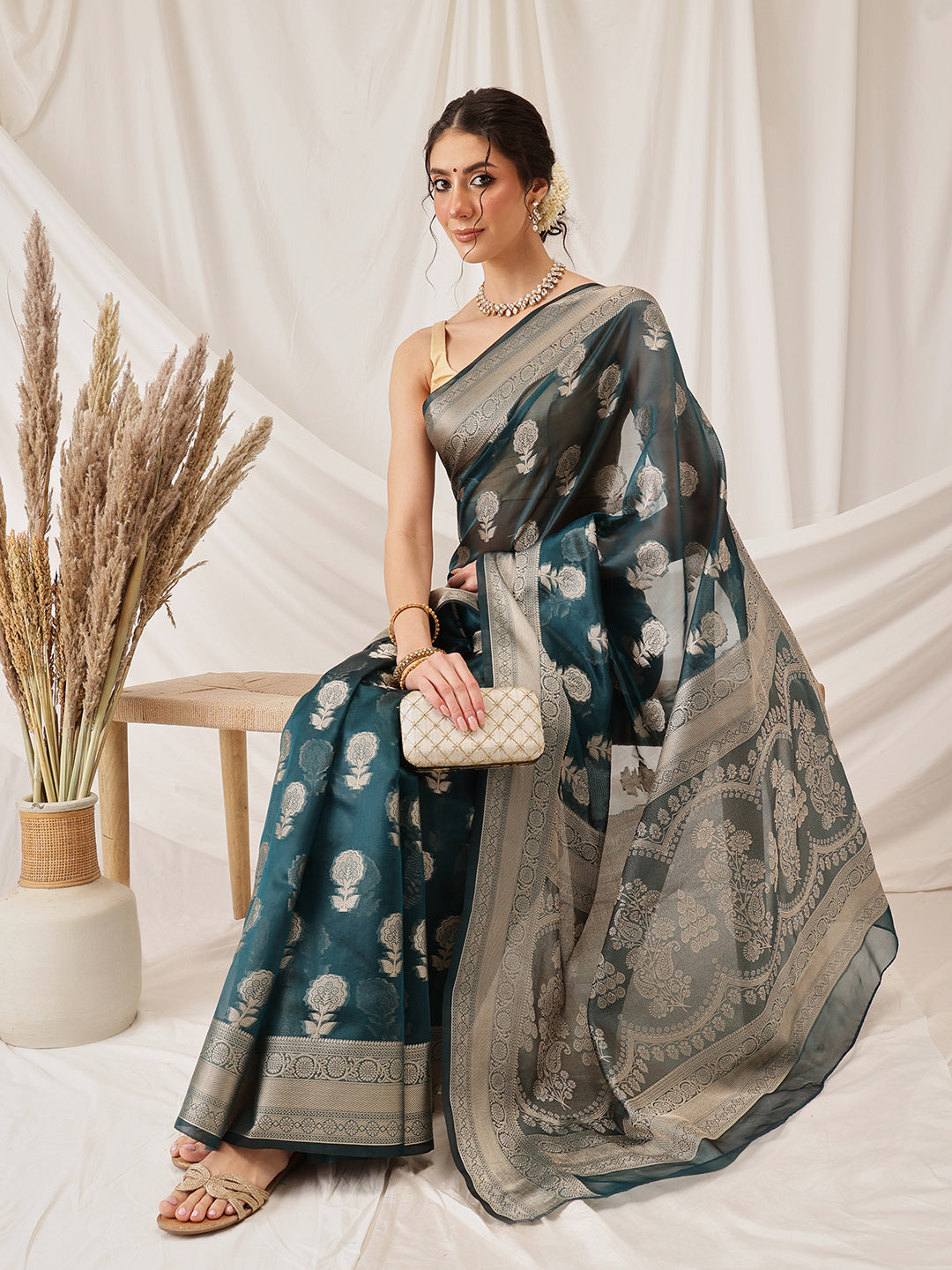 Floral Banarasi Organza Soft Silk Teal Saree