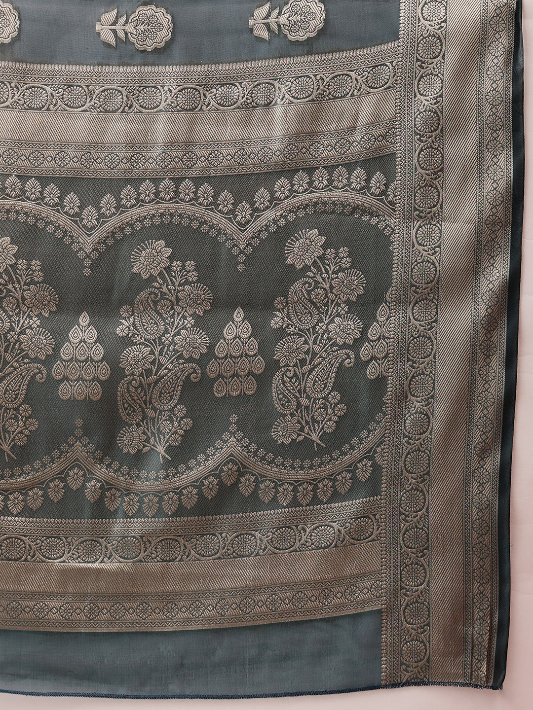 Floral Banarasi Organza Soft Silk Teal Saree