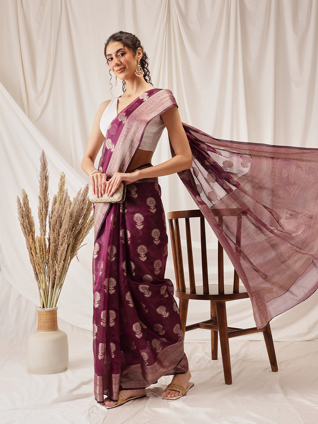 Floral Banarasi Organza Soft Silk Wine Saree