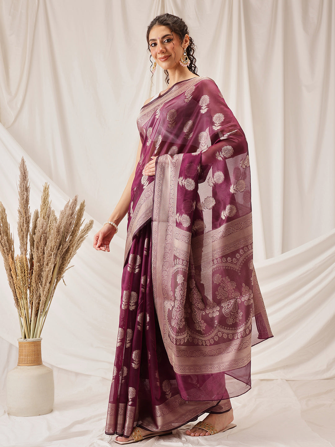 Floral Banarasi Organza Soft Silk Wine Saree