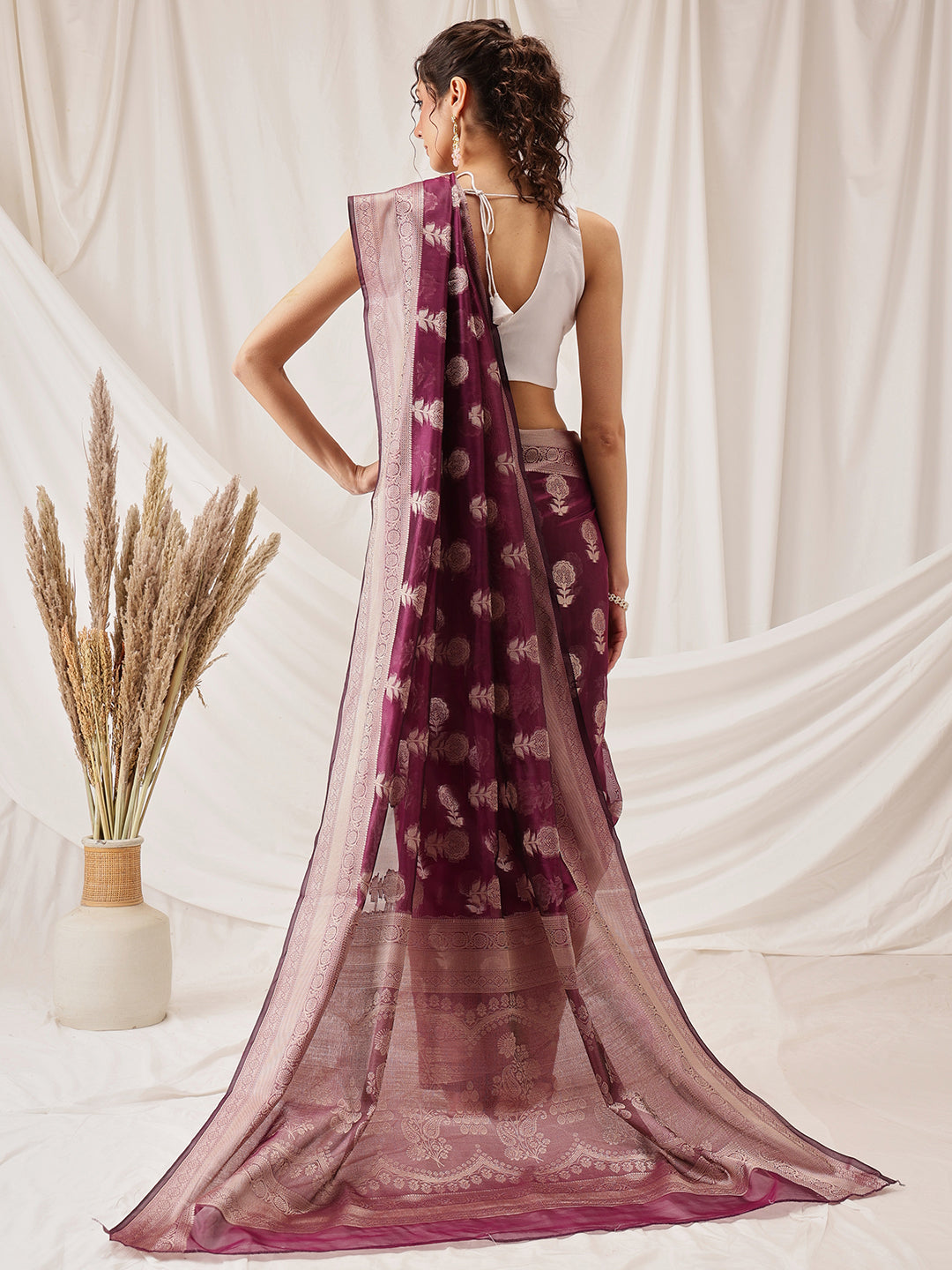 Floral Banarasi Organza Soft Silk Wine Saree
