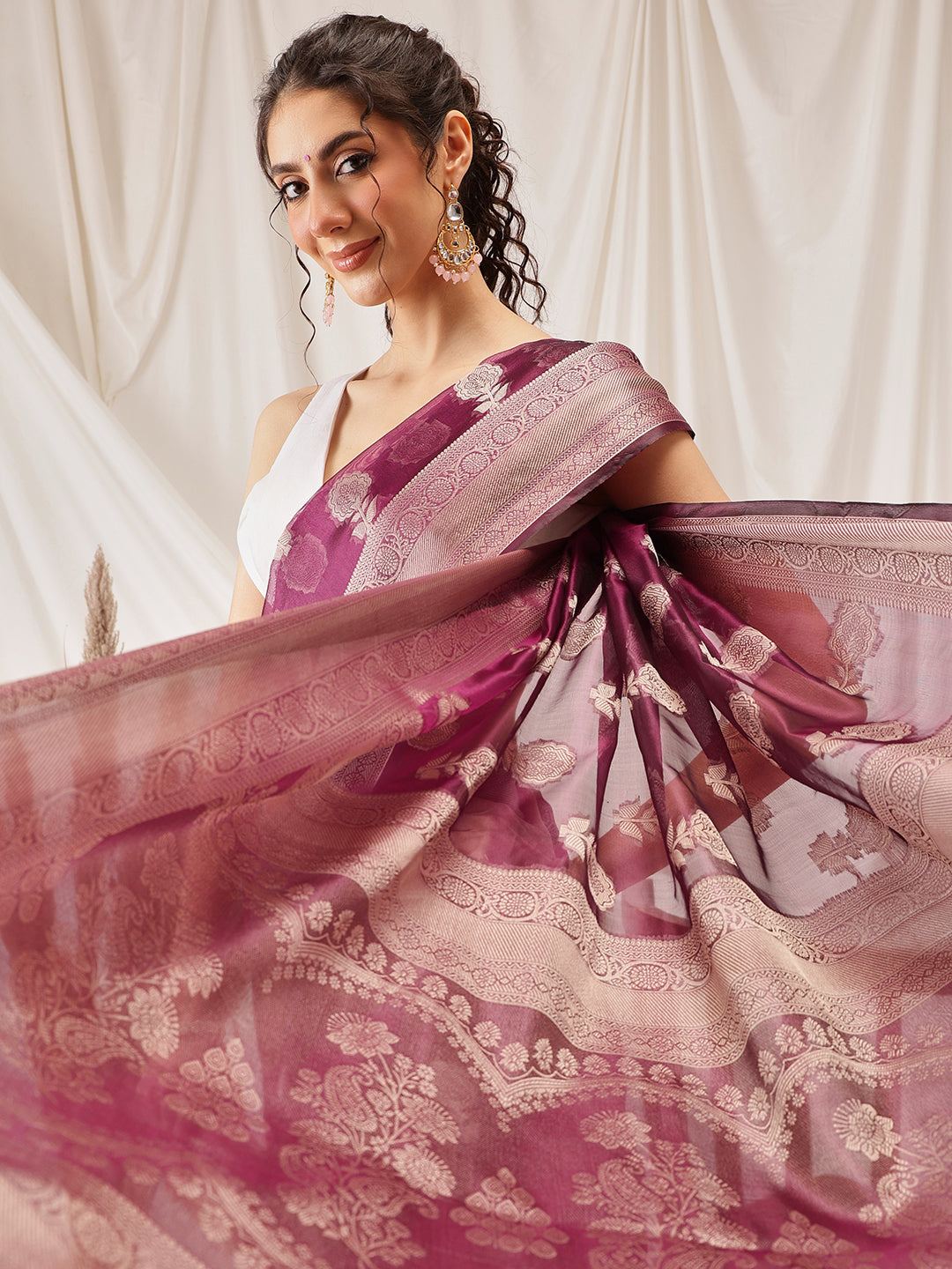 Floral Banarasi Organza Soft Silk Wine Saree