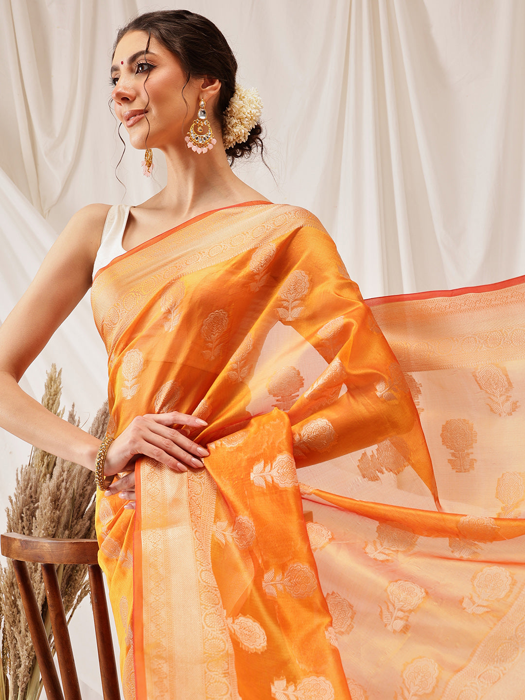Floral Banarasi Organza Soft Silk Yellow Saree