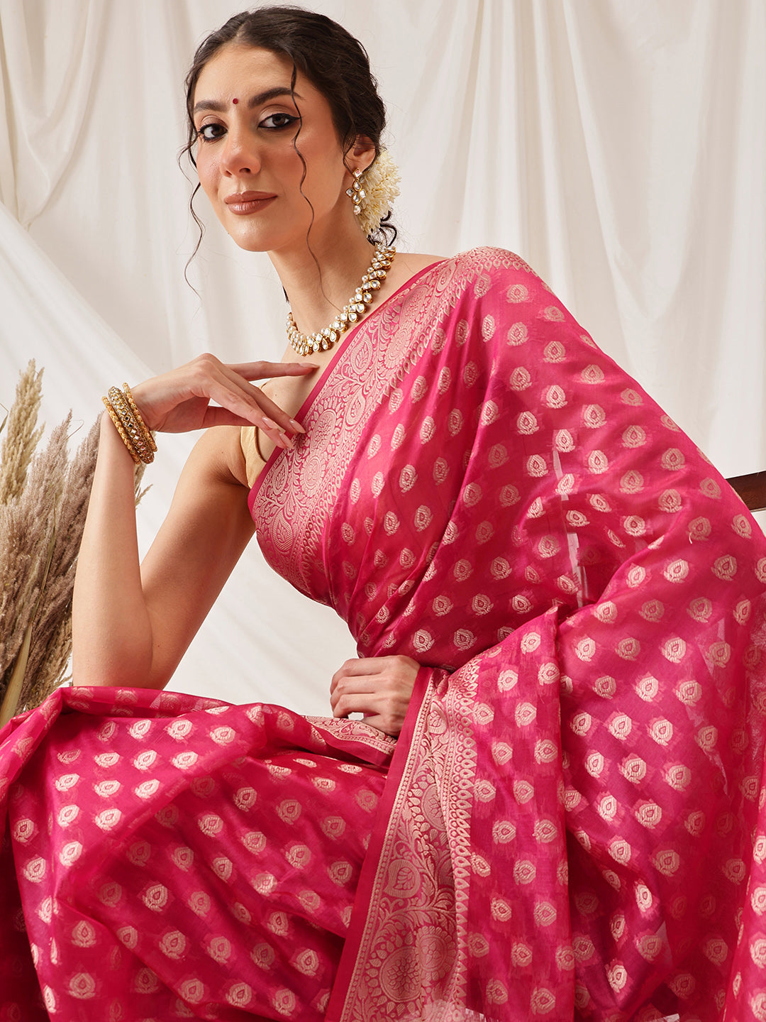 Banarasi Organza Soft Silk Pink Saree