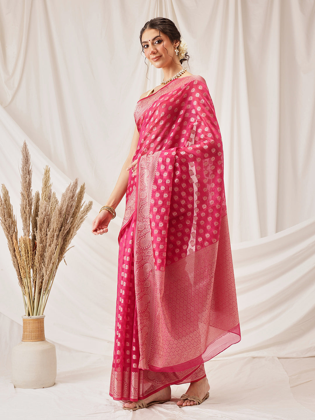 Banarasi Organza Soft Silk Pink Saree