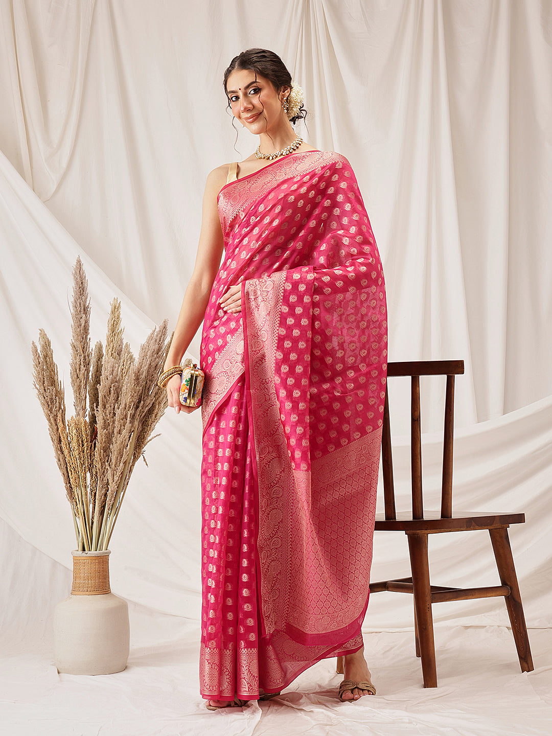 Banarasi Organza Soft Silk Pink Saree