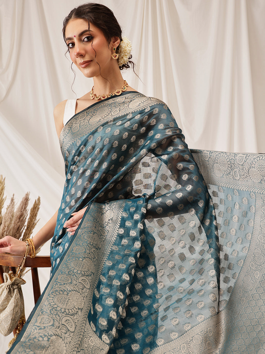 Banarasi Organza Soft Silk Teal Saree