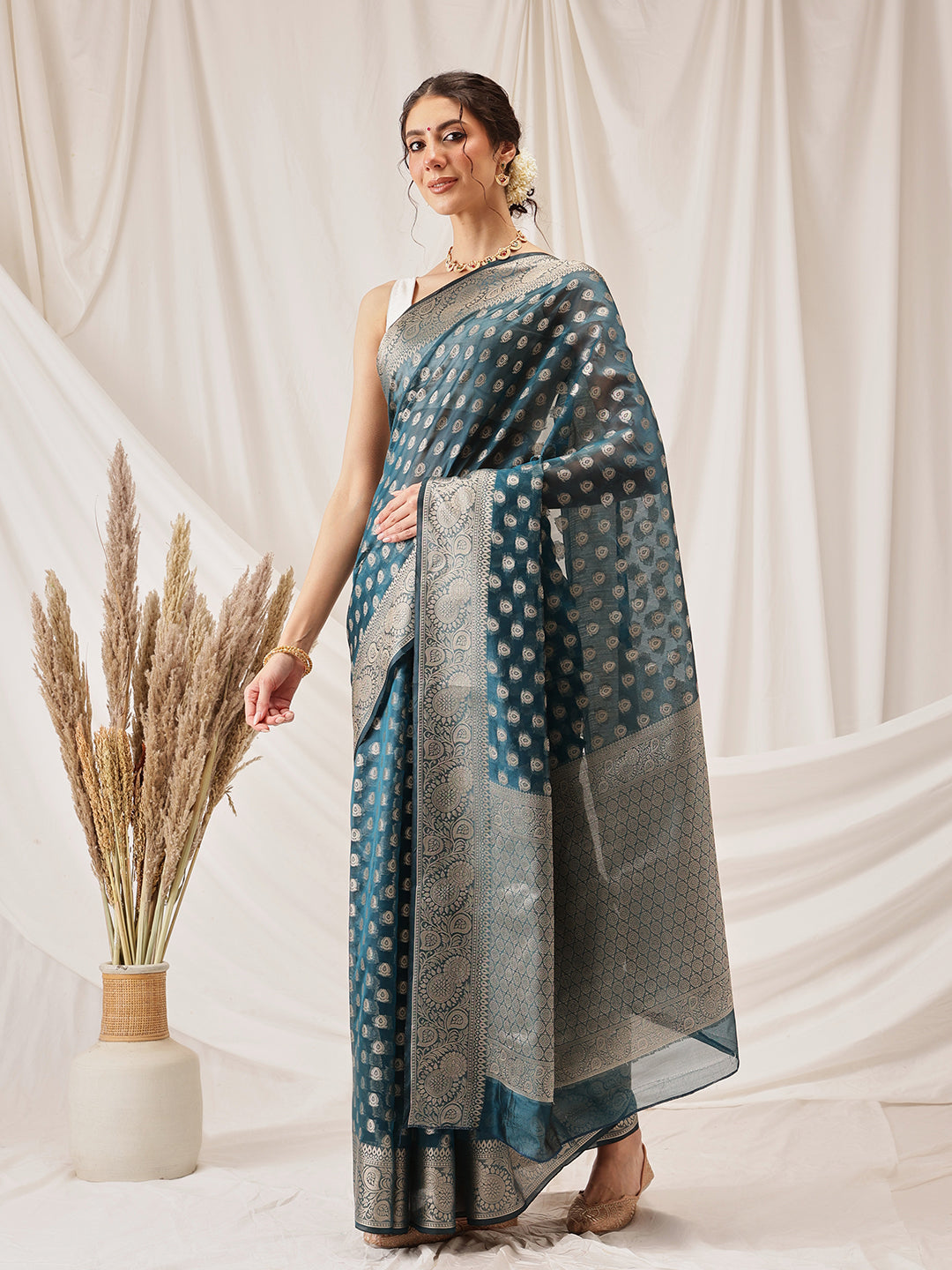 Banarasi Organza Soft Silk Teal Saree