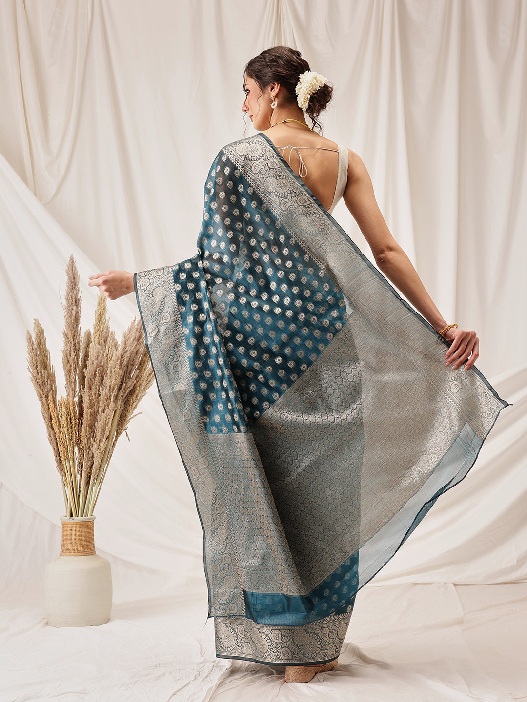 Banarasi Organza Soft Silk Teal Saree
