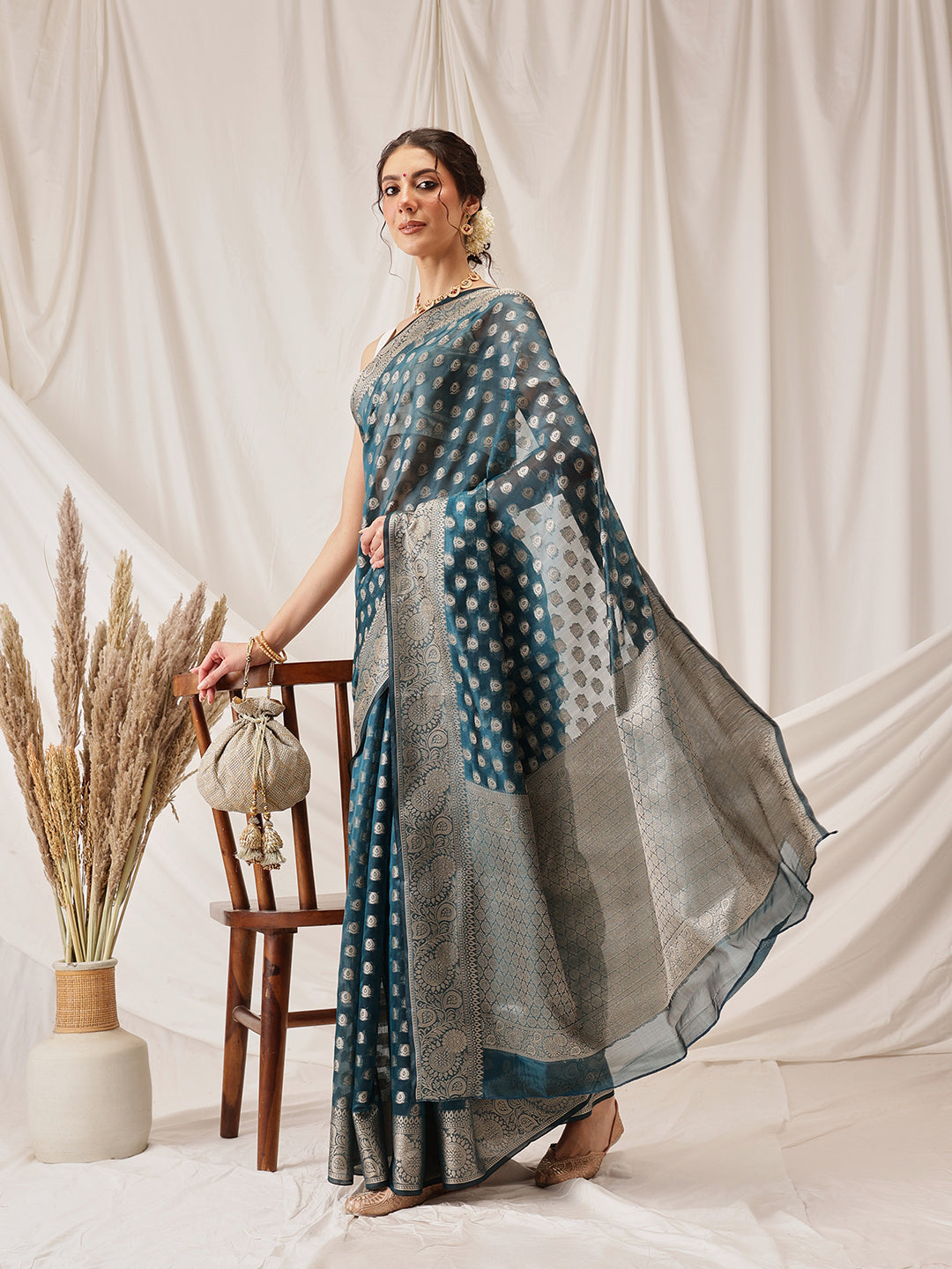 Banarasi Organza Soft Silk Teal Saree