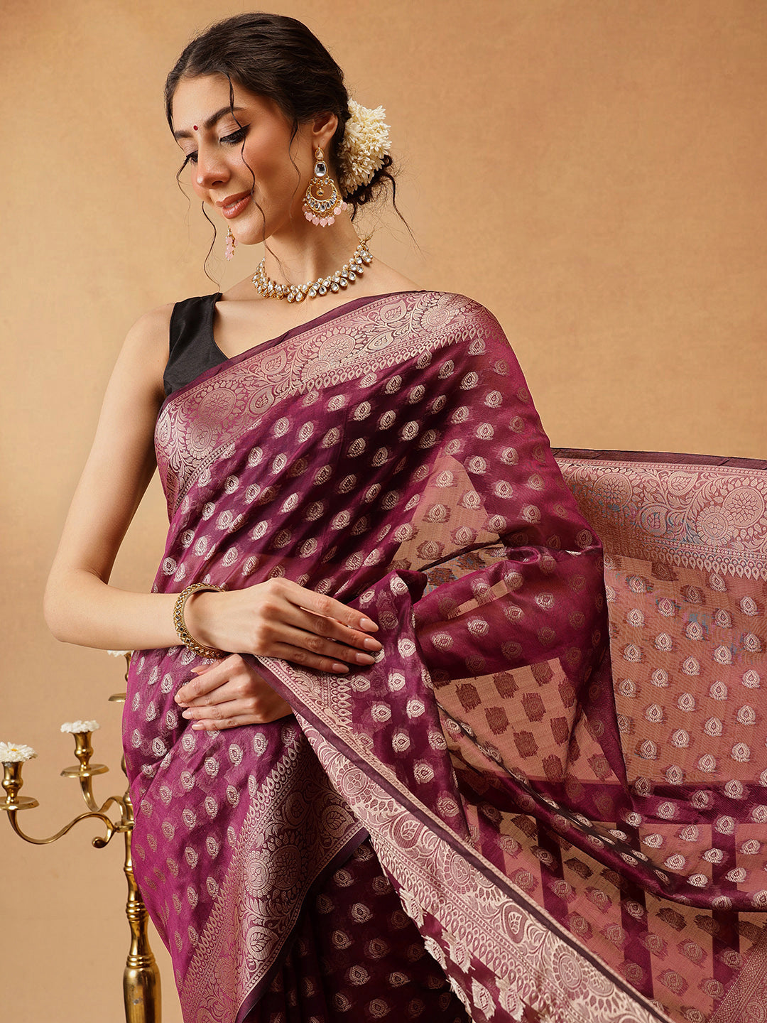 Banarasi Organza Soft Silk Wine Saree