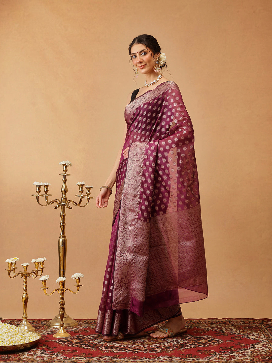 Banarasi Organza Soft Silk Wine Saree