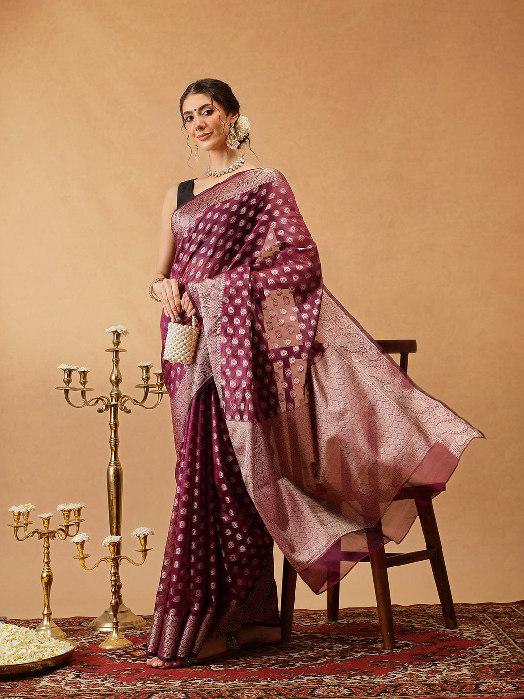 Banarasi Organza Soft Silk Wine Saree