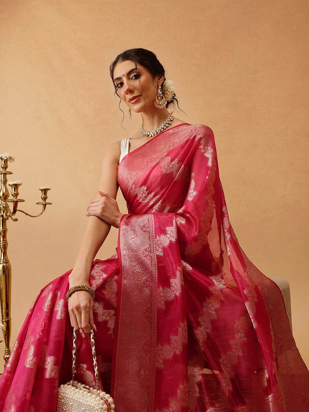 Laheriya Floral Banarasi Organza Soft Silk Pink Saree