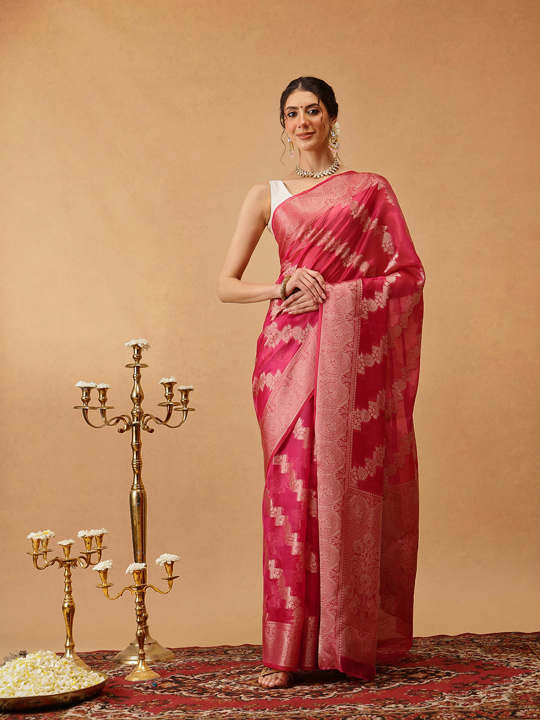Laheriya Floral Banarasi Organza Soft Silk Pink Saree