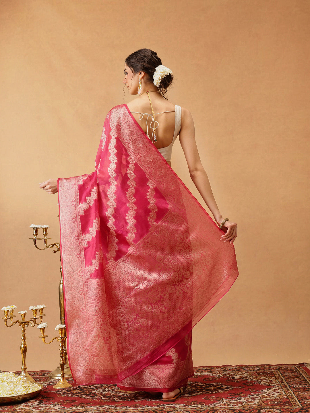Laheriya Floral Banarasi Organza Soft Silk Pink Saree