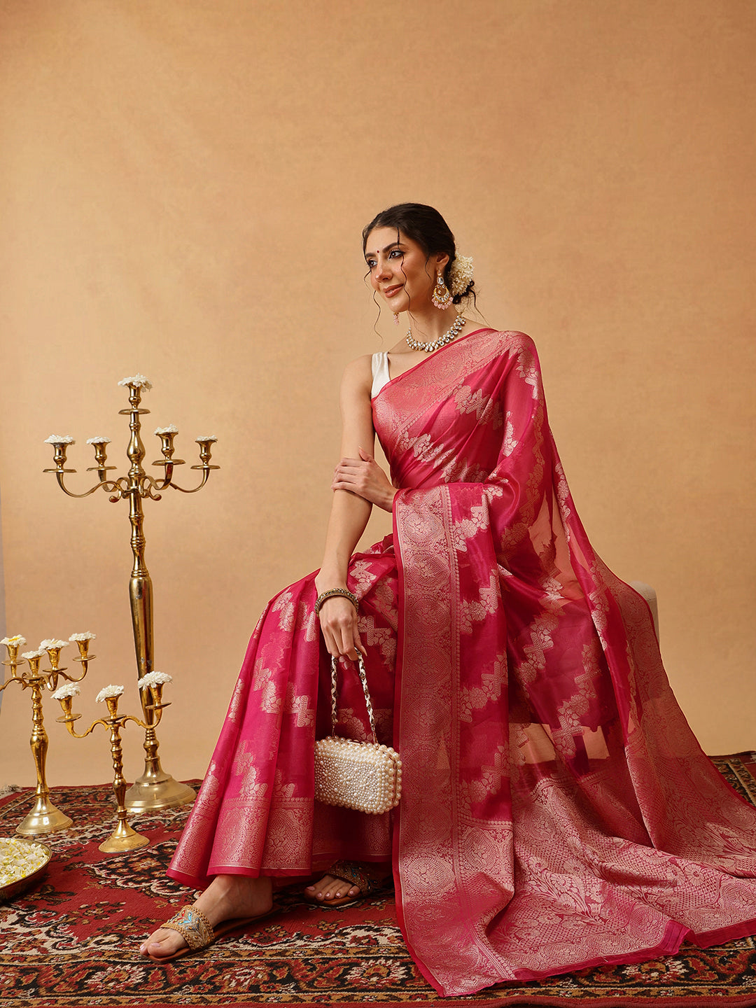 Laheriya Floral Banarasi Organza Soft Silk Pink Saree