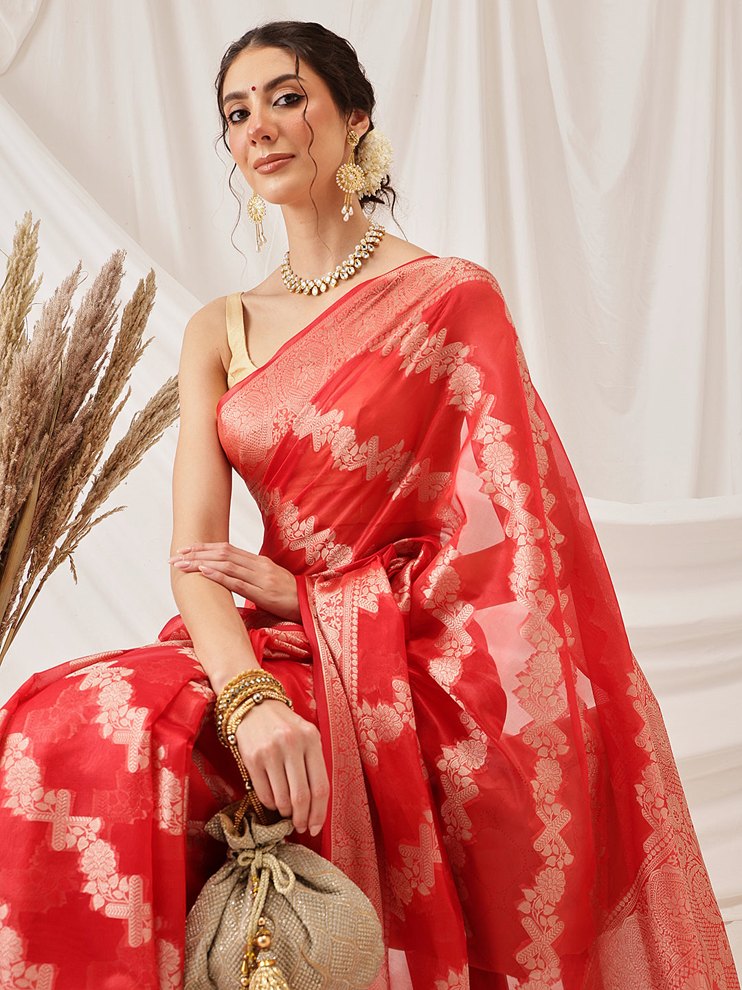 Laheriya Floral Banarasi Organza Soft Silk Red Saree