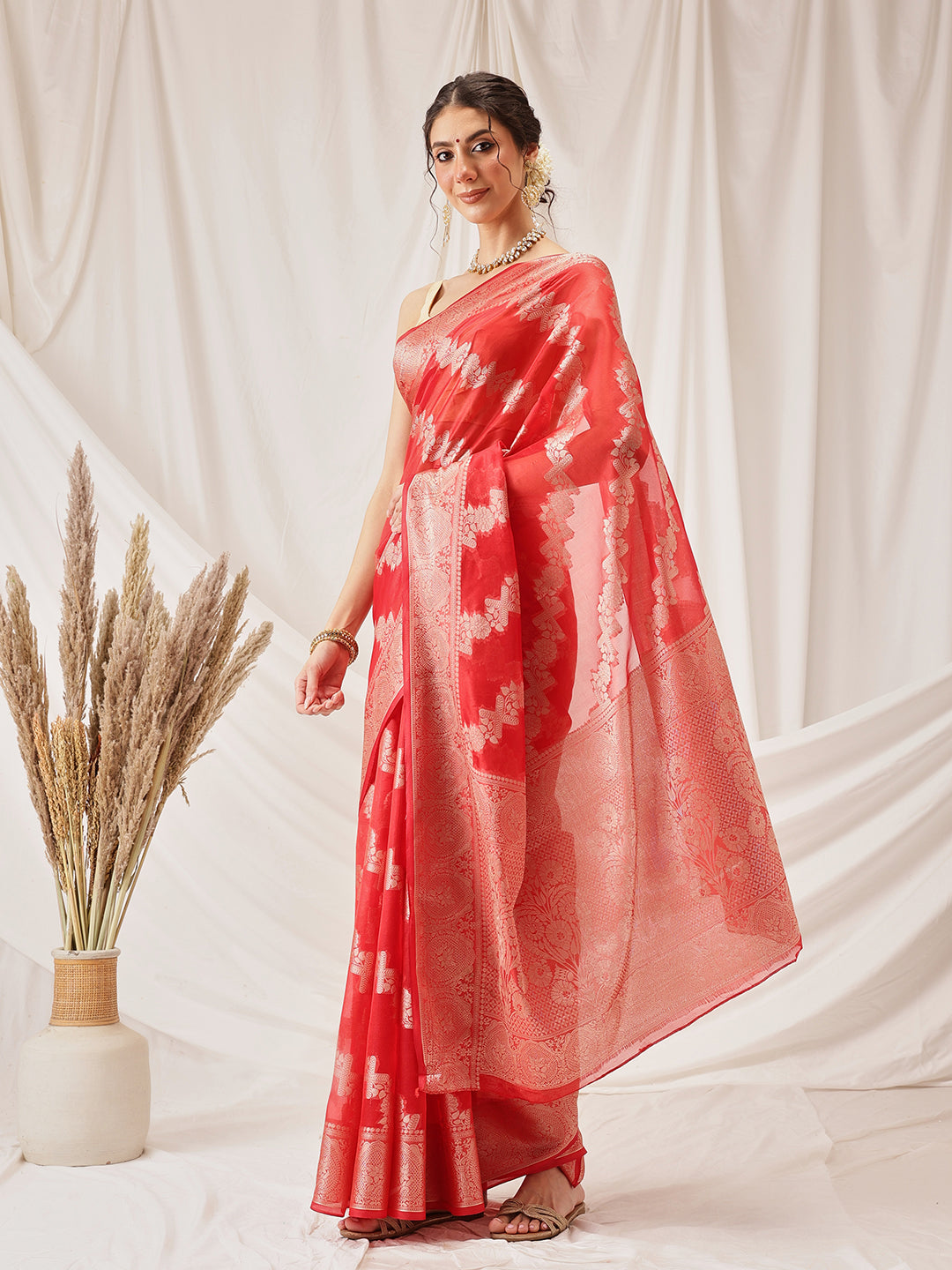 Laheriya Floral Banarasi Organza Soft Silk Red Saree