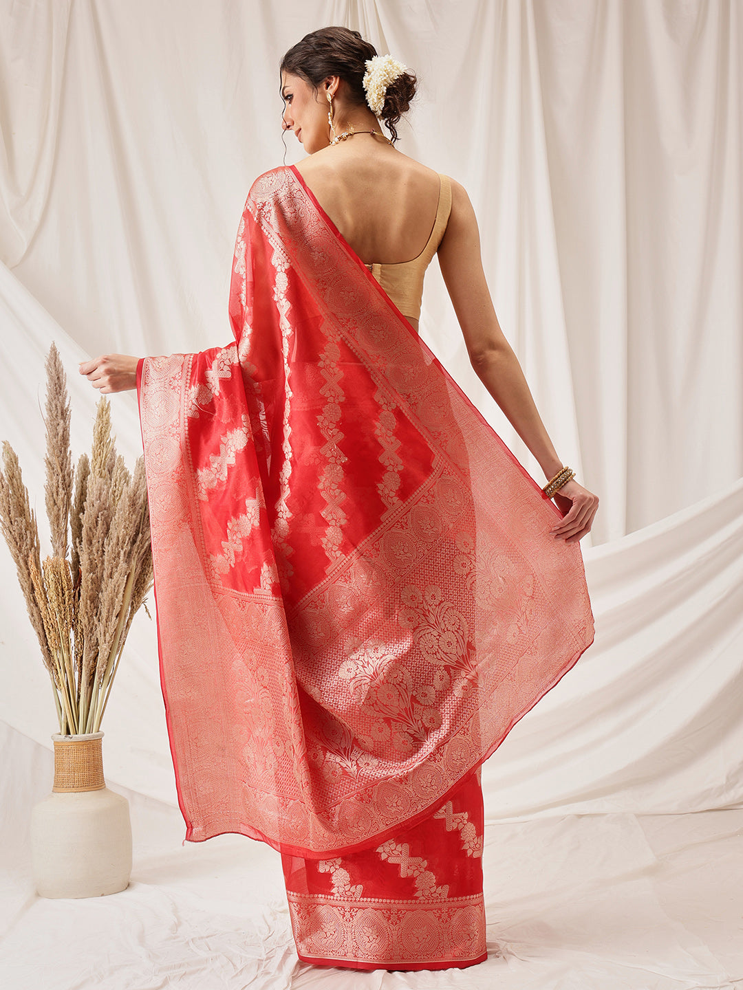 Laheriya Floral Banarasi Organza Soft Silk Red Saree