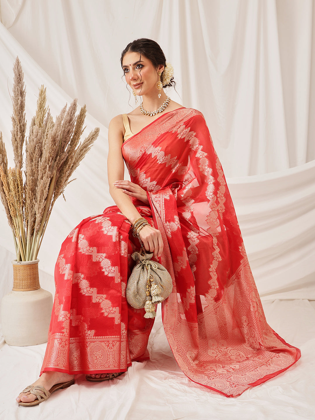 Laheriya Floral Banarasi Organza Soft Silk Red Saree