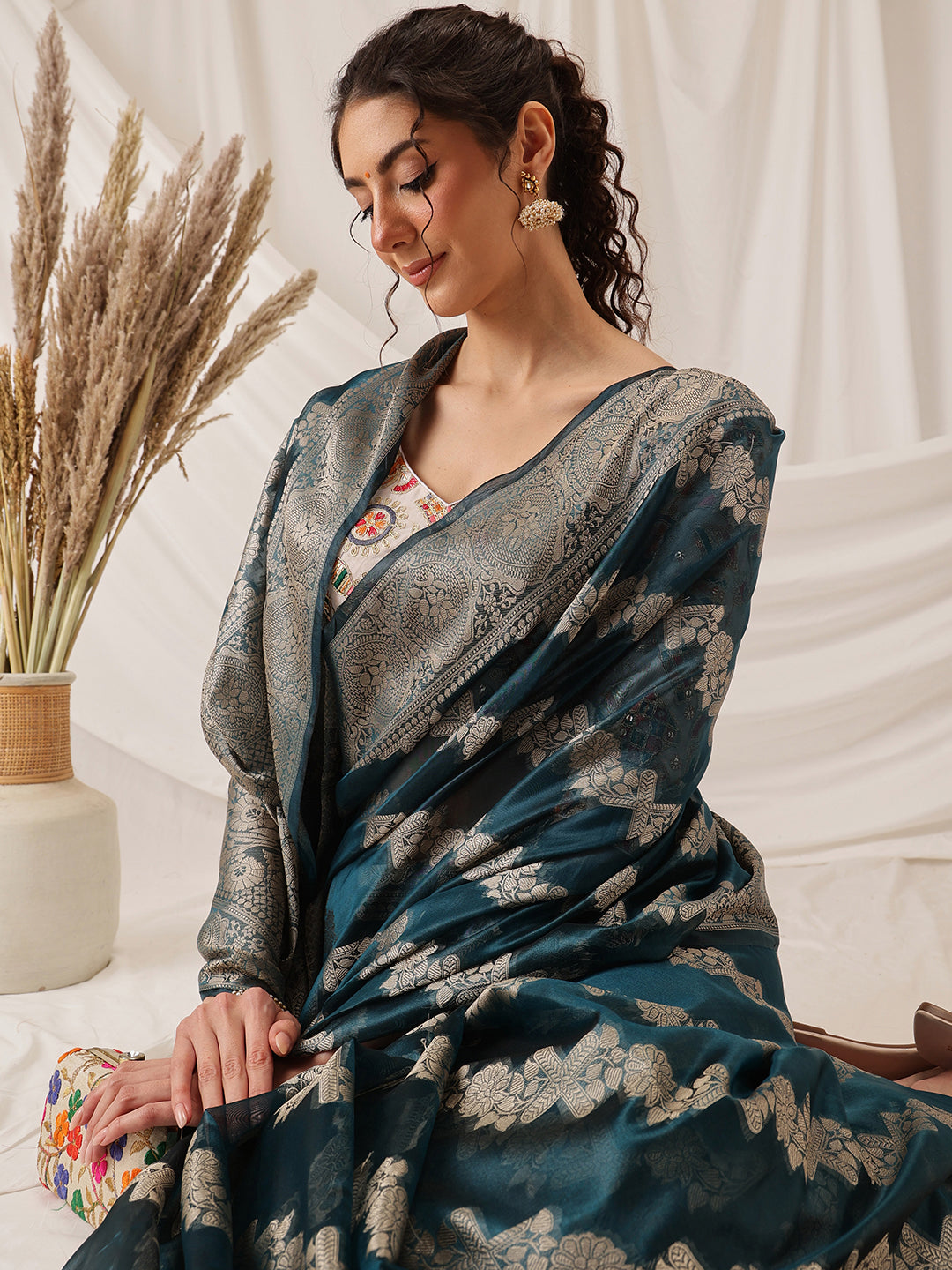 Laheriya Floral Banarasi Organza Soft Silk Teal Saree