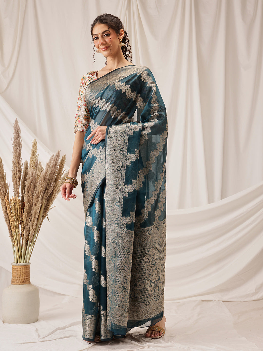 Laheriya Floral Banarasi Organza Soft Silk Teal Saree