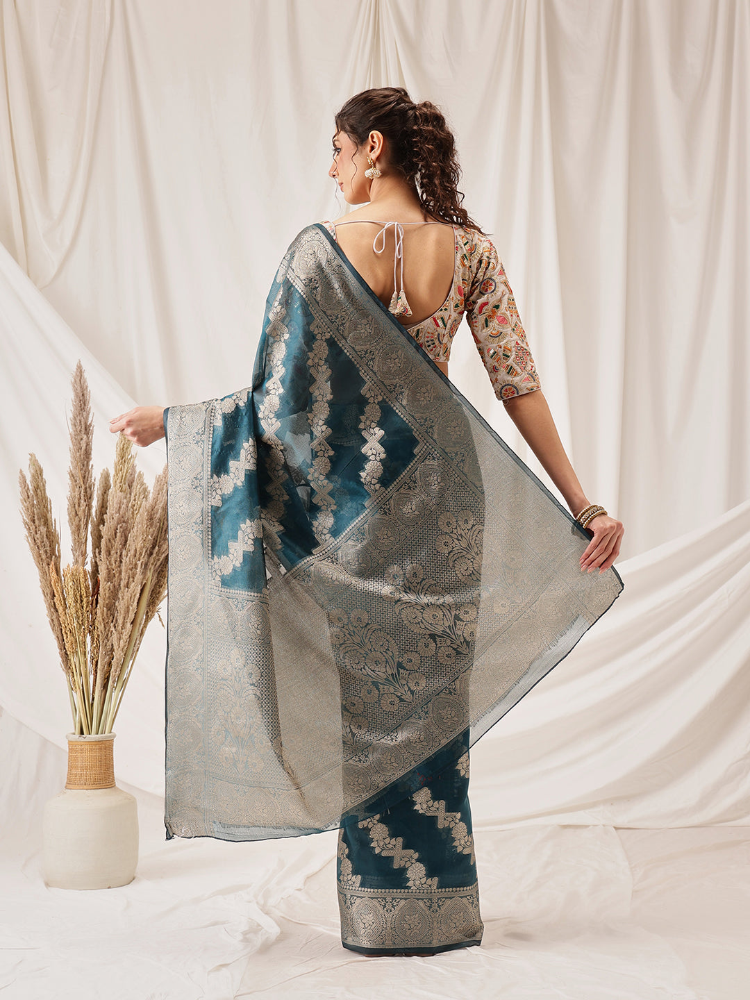 Laheriya Floral Banarasi Organza Soft Silk Teal Saree