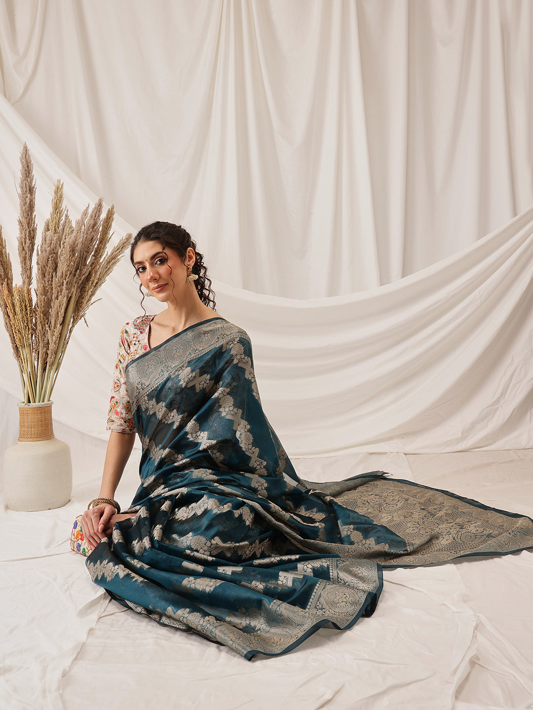 Laheriya Floral Banarasi Organza Soft Silk Teal Saree