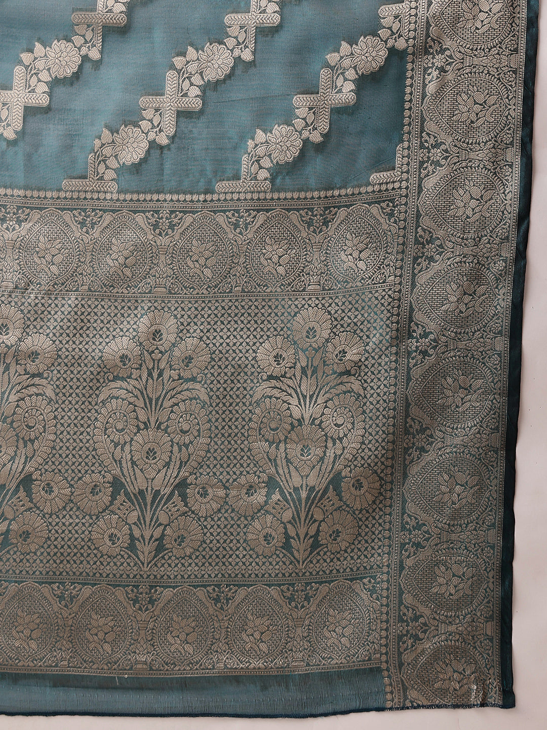 Laheriya Floral Banarasi Organza Soft Silk Teal Saree