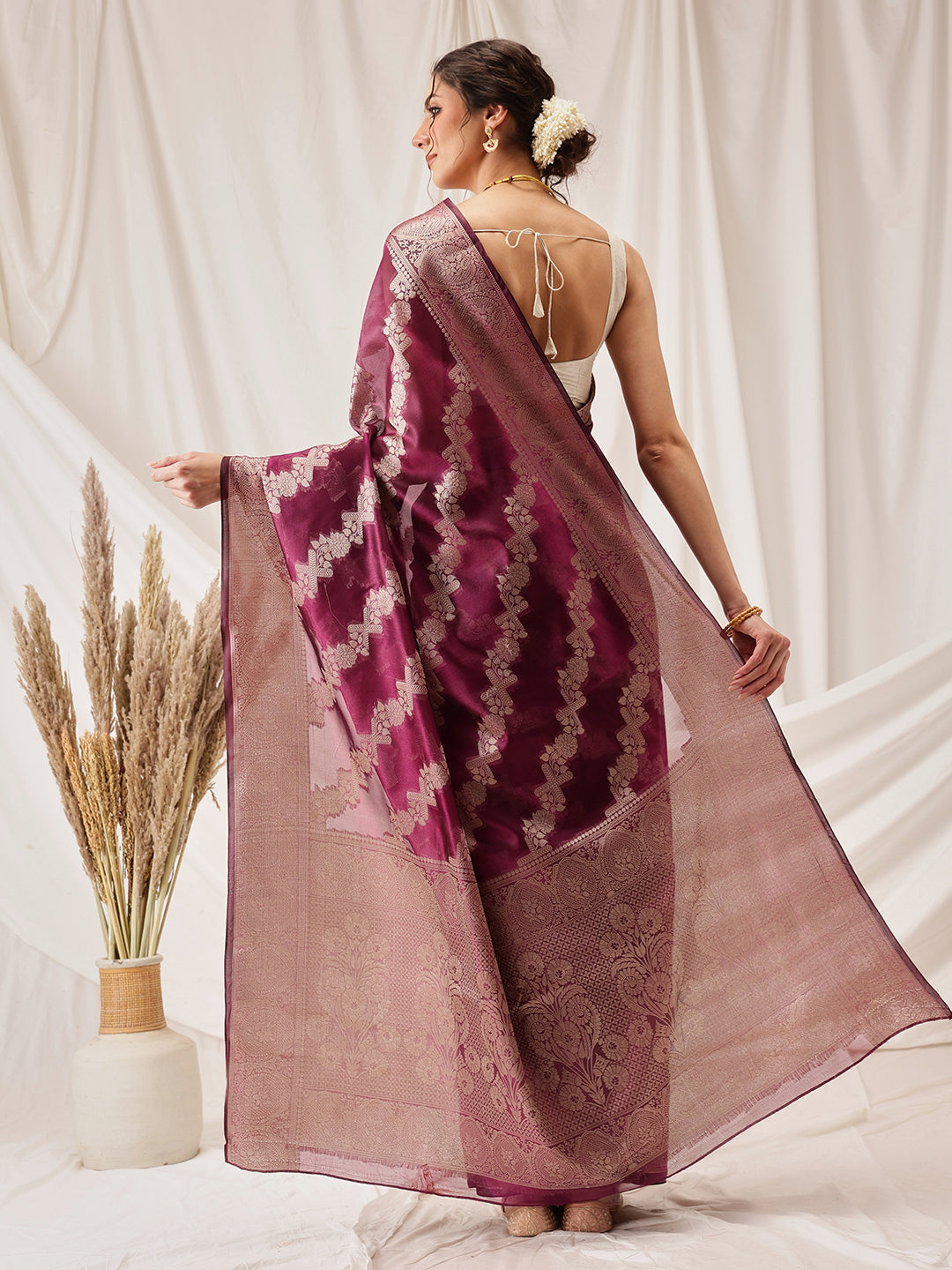 Laheriya Floral Banarasi Organza Soft Silk Wine Saree