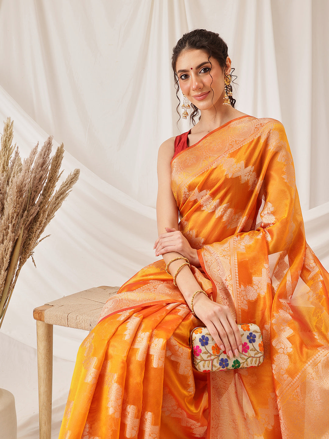 Laheriya Floral Banarasi Organza Soft Silk Yellow Saree