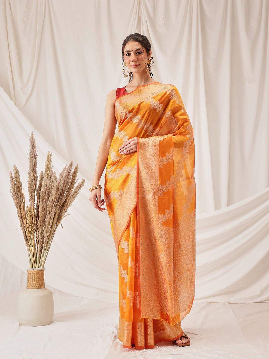 Laheriya Floral Banarasi Organza Soft Silk Yellow Saree