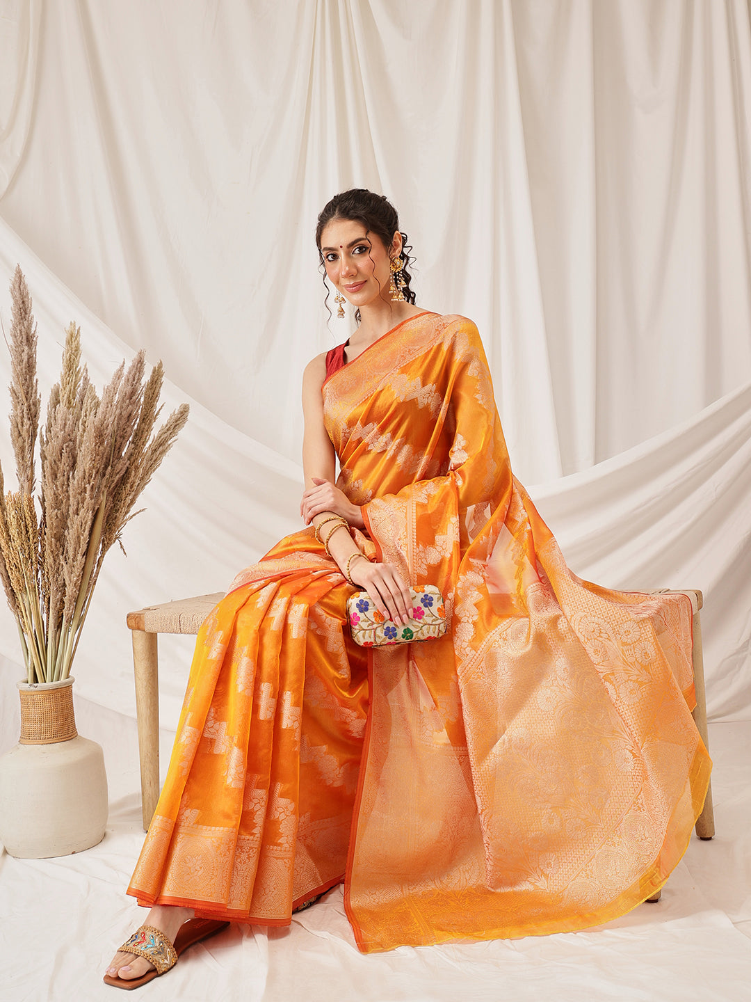 Laheriya Floral Banarasi Organza Soft Silk Yellow Saree