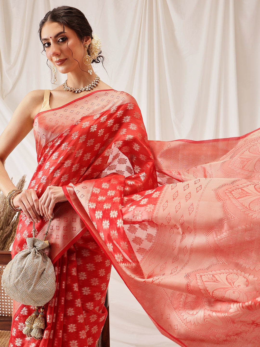 Floral Banarasi Organza Soft Silk Red Saree With Small Border